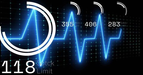 Pulsing Neon ECG Dashboard Display with Blue Electrocardiogram Waveform and Telemetry Gauges
