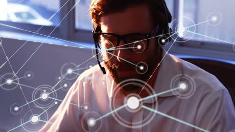 Businessman Using Headset with Futuristic Digital Connections Overlay