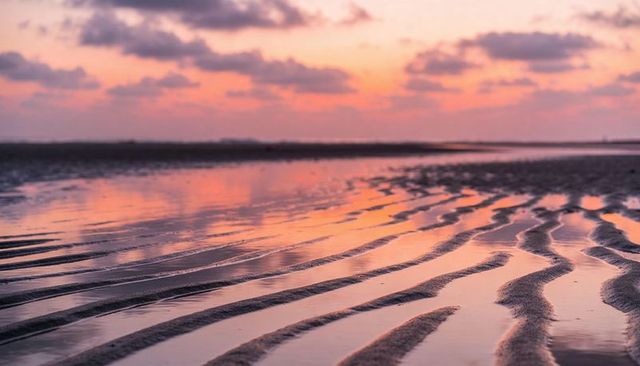 Reflecting sunset on rippled tidal flats with pastel sky and mirror-like water pools