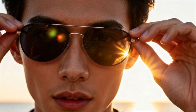 Young asian man adjusting aviator sunglasses at beach sunset with dramatic lens flare