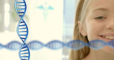 Smiling girl exploring genetics in clinical lab with floating dna helix overlay