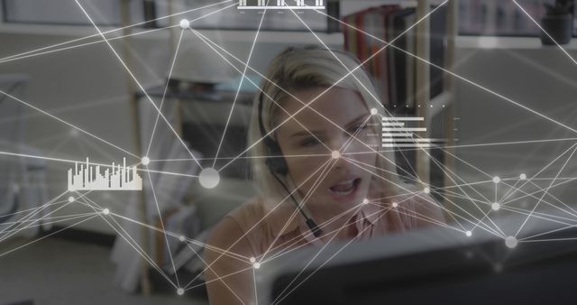 Blond Woman Working in Modern Office with Data Visualization Overlay - Download Free Stock Images Pikwizard.com