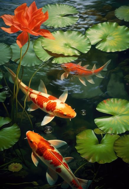 Koi fish swimming gracefully in a pond with lily pads and a single red flower, demonstrating harmonious aquatic life. Ideal for nature-related themes, garden and pond decor, aquatic beauty, or tranquil settings.