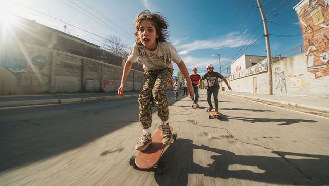 Youth skateboard crew racing down urban street, front rider leaning and balancing