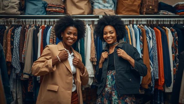 Smiling women adjusting jackets in boutique with colorful clothing rack and handbags
