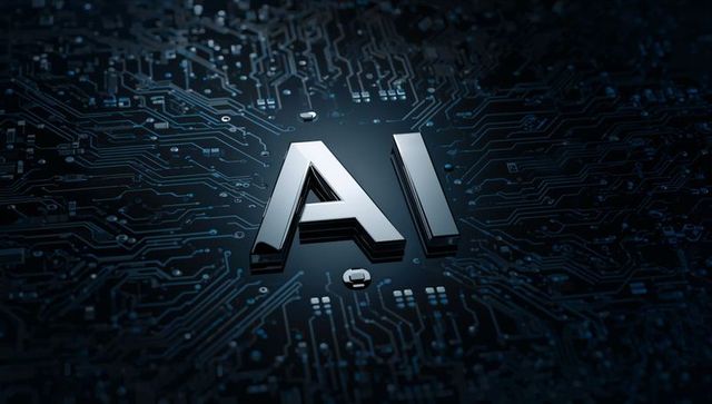 Shiny metallic ai emblem on dark circuit board conveying futuristic hardware intelligence