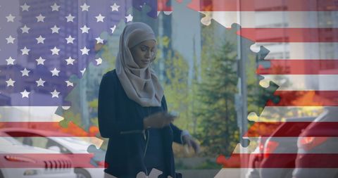biracial woman in hijab with american flag jigsaw blend analysis - Download Free Stock Images Pikwizard.com