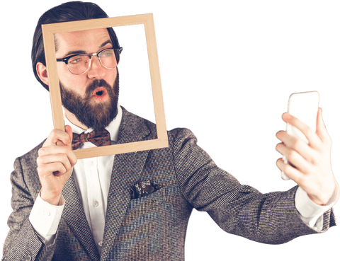Creative Businessman Taking Selfie Through Wooden Frame on Transparent Background