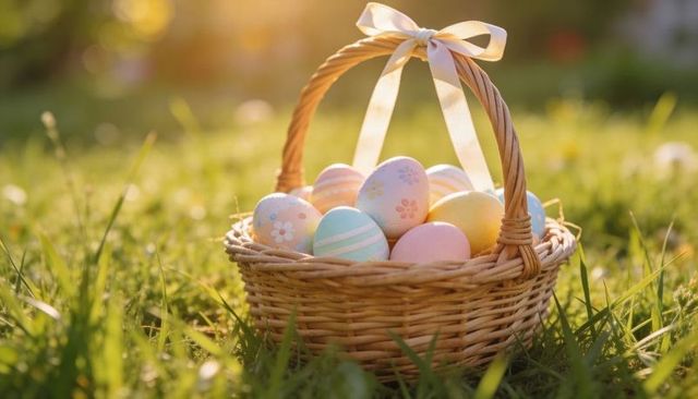 Wicker basket holding pastel easter eggs resting on sunlit meadow with ribbon bow
