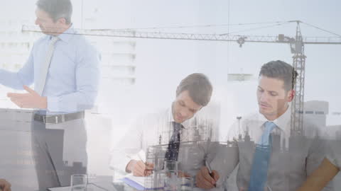 Double Exposure of Business Meeting and Construction Site