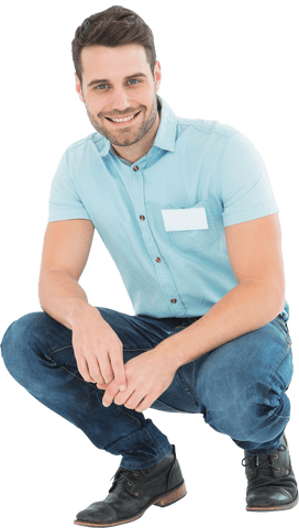 Transparent Friendly Delivery Man in Casual Wear Crouching - Download Free Stock Videos Pikwizard.com