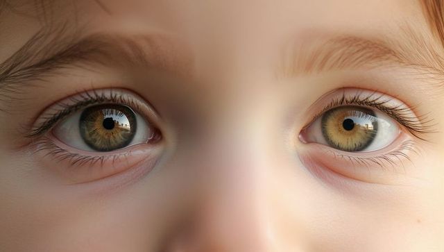 Gazing child showing hazel irises with window reflection, macro studio portrait, fine lashes