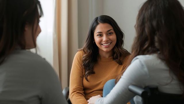 Young woman leading group conversation, smiling and connecting in cozy living room