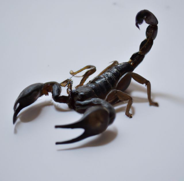Image of close up of black scorpion on grey background. Dangerous animals, wildlife and nature concept.