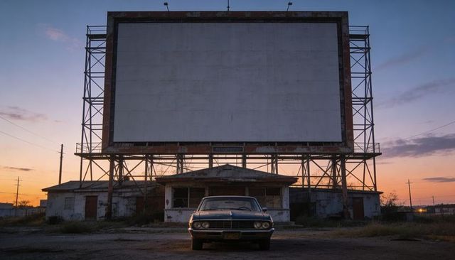 Blank drive-in screen looming over vintage sedan at dusk, abandoned roadside nostalgia
