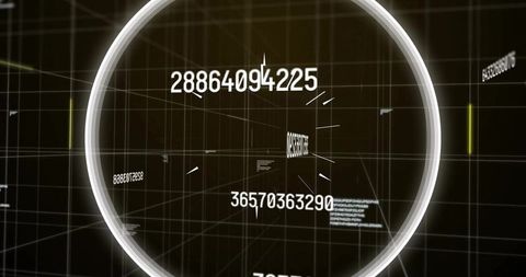 Rotating glowing ring framing floating numeric strings in holographic 3d data hud