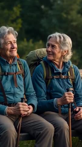 Vertical nature video showing senior couple resting on trail bench, smiling with backpacks