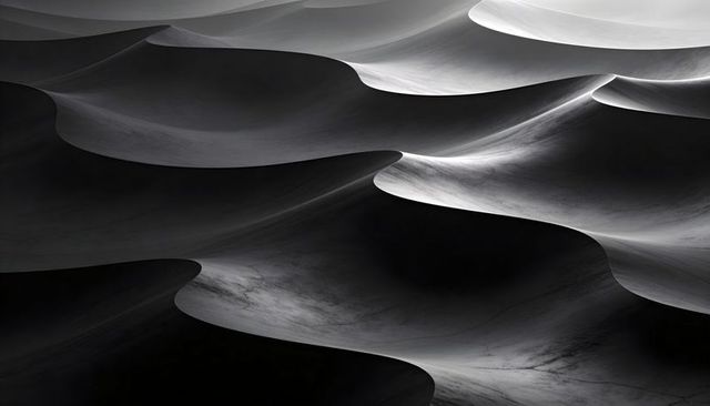 Flowing monochrome sculpture revealing layered curved ridges and undulating folds