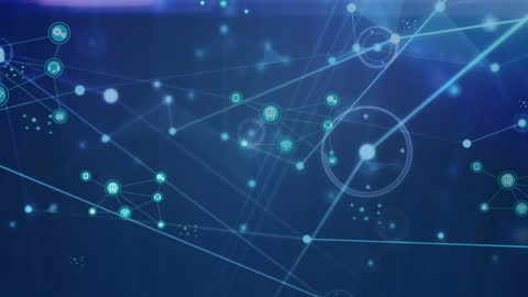 Digitally Animated Network with Floating Icons and Global Connections