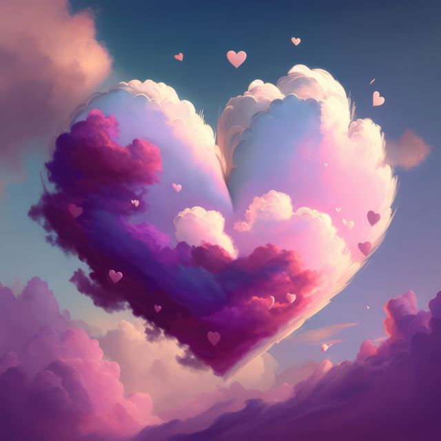 Dreamy heart-shaped cloud formation with hues of pink and purple floating against a twilight sky. Tiny heart clouds enhance the romantic and surreal feeling. Perfect for themes of love, romance, fantasy, and beauty. Ideal for greeting cards, love stories, wedding invitations, and inspirational art.
