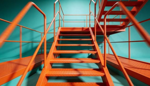 Vibrant orange metal staircase against teal wall showing industrial geometry and depth