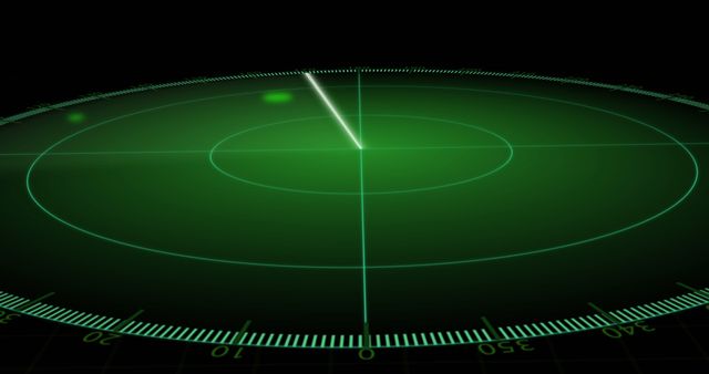 Radar display showing moving spots on a black background, emitting a white pulsing signal. Ideal for use in technology and navigation presentations or to depict digital interfaces, maritime or aviation searches, and tracking applications.