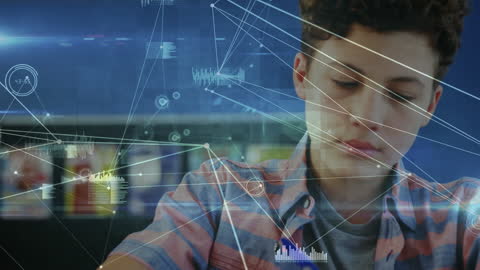 Schoolboy Engaging with Digital Data Networks in Educational Concept