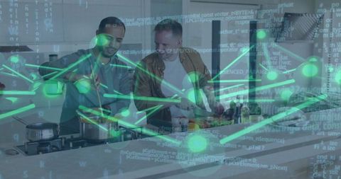 Two men cooking and chopping vegetables with futuristic digital network overlay