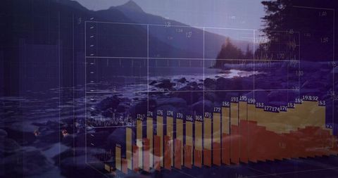 Blending rocky shoreline with translucent 3D bar chart at dusk for data nature contrast