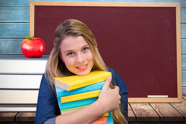 Digital composite of Portrait of smiling student holding stacked books in classroom