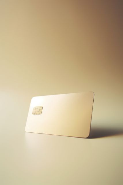 Blank beige credit card with microchip on beige, copy space, created using generative ai technology. Emv chip, banking, spending, technology and finance mock up concept digitally generated image.