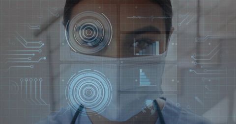 Doctor Analyzing Data Through Futuristic Digital Interface Panels