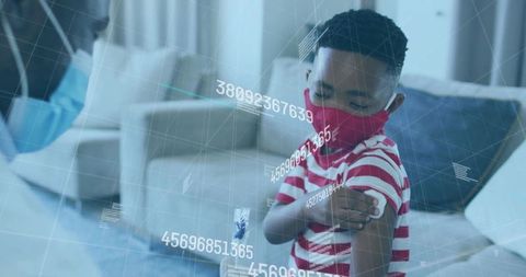 Child receiving vaccine from healthcare professional with data overlay