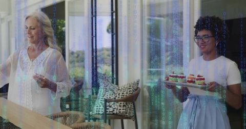 Serving platter of berry desserts with digital code overlay in modern bright kitchen