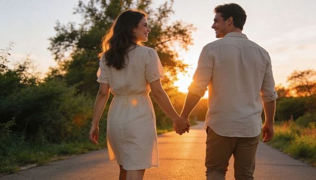 Couple walking hand in hand on sunlit country road at golden hour, romantic sunset stroll