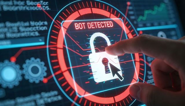Fingertip activating bot detected security lock on cybersecurity hud dashboard interface