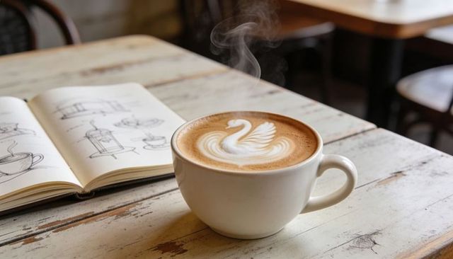 Swan latte art steaming in ceramic cup on rustic cafe table with sketchbook