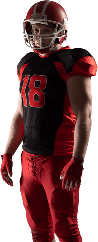 Transparent young football player in red jersey against white background