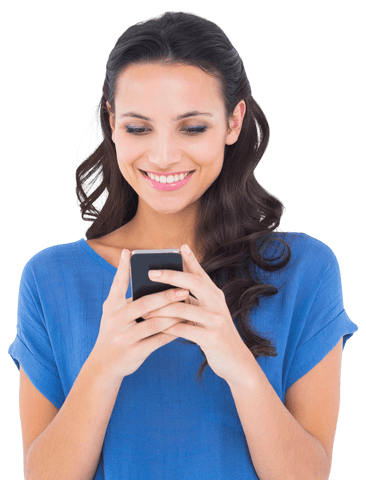 Smiling Brunette Woman Holding Smartphone on Transparent Background