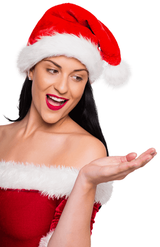 Festive woman in santa hat with open hand gesture transparent background