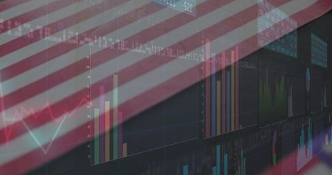 American Flag Overlapping Digital Financial Charts