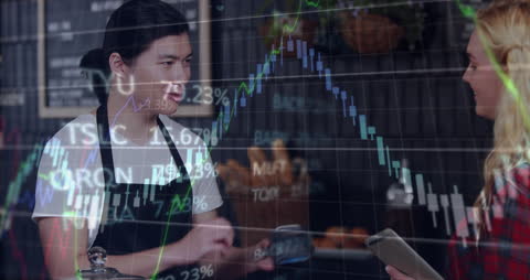 Digital Payment Innovation in Modern Cafe with Interactive Data Overlay