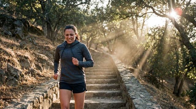 Running female athlete descending sunlit stone stairs through oak woodland at golden hour