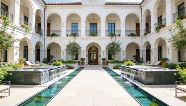 Mediterranean courtyard villa with symmetrical arcade and cascading water features