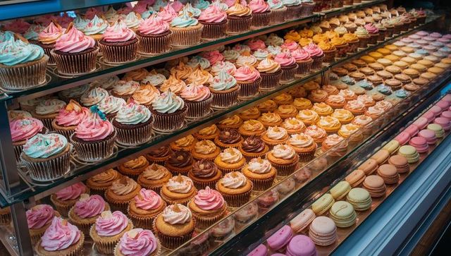 Showcasing colorful cupcakes and macarons in glass bakery case with warm led lighting