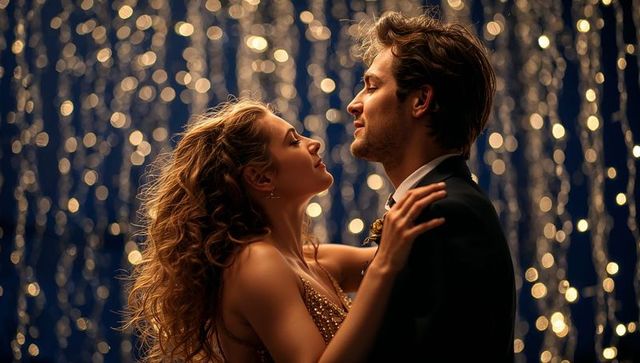 Glamorous Couple Embracing and Swaying Under Golden Bokeh Lights in Ballroom Night Romance