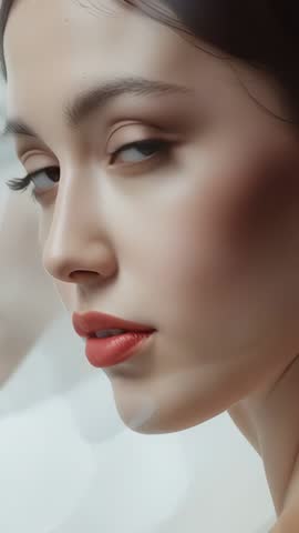 Model rotating face by window in vertical beauty portrait video with soft natural light