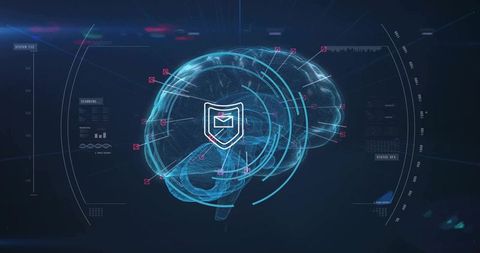 Holographic brain with shield and mail for cybersecurity and neuroscience technology