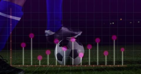 Soccer Player Dribbling at Night with Data Analytics Overlay