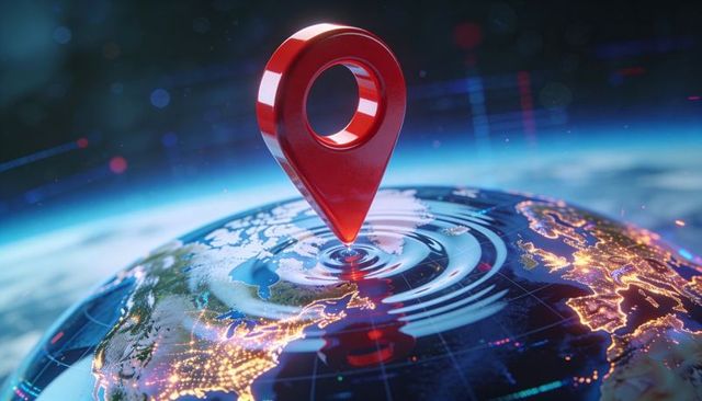 Glossy red location pin creating digital ripples over north america great lakes at night